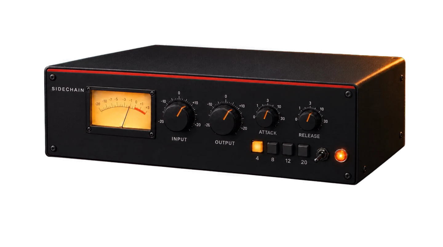 A Sidechain plugin as a black studio compressor with an orange-lit VU meter